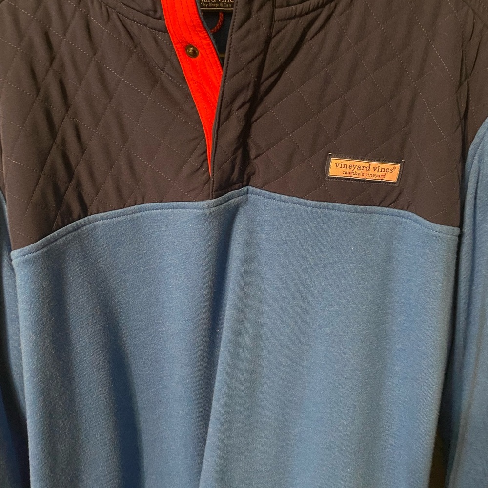 Vineyard Vines Quilted Pullover in Blue and Black with Red Accent